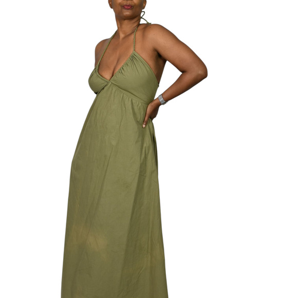 Xirena Maggie Halter Dress Green Olive Maxi Poplin Cotton Sundress Pockets XS - Picture 6 of 16